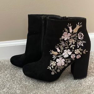 Black Suede embroidered ankle booties